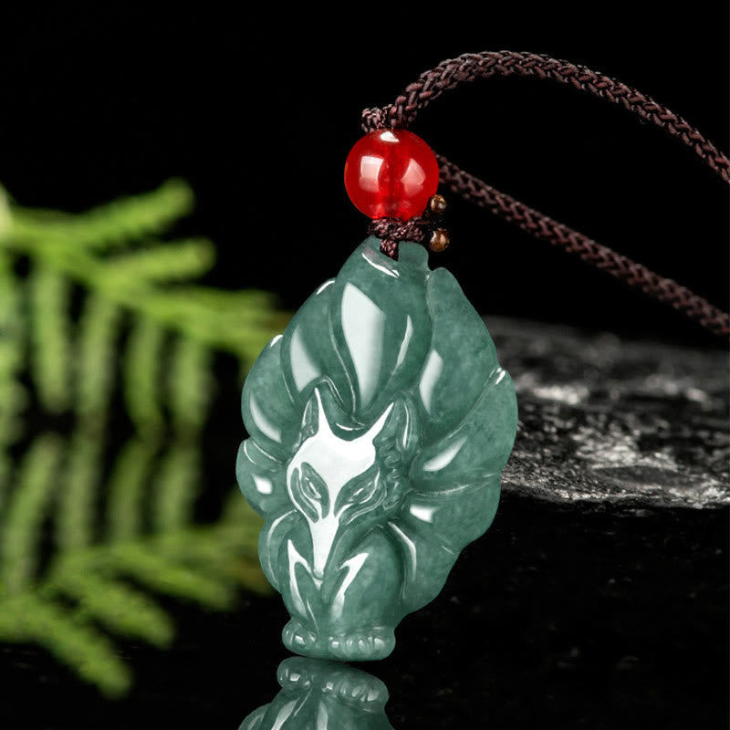 Mythstone Natural Green Jade Nine-Tailed Fox Luck Necklace Pendant