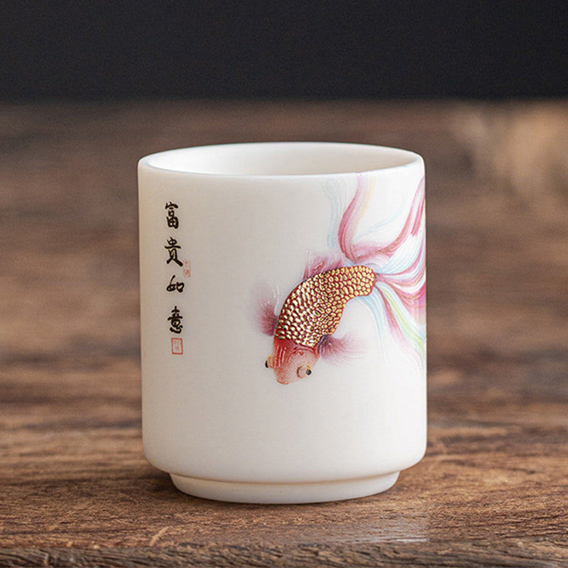 Mythstone Koi Fish White Porcelain Ceramic Teacup Kung Fu Tea Cup