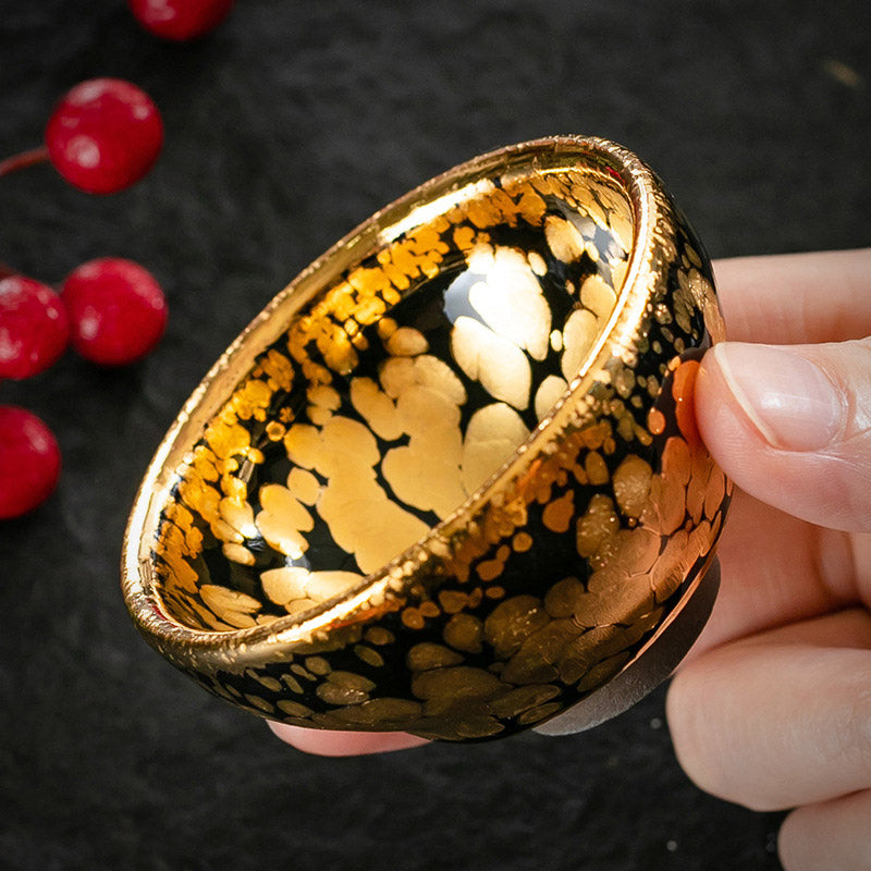 Mythstone 24K Gold Spot Pattern Chinese Jianzhan Ceramic Teacup Kung Fu Tea Cup Bowl With Gift Box