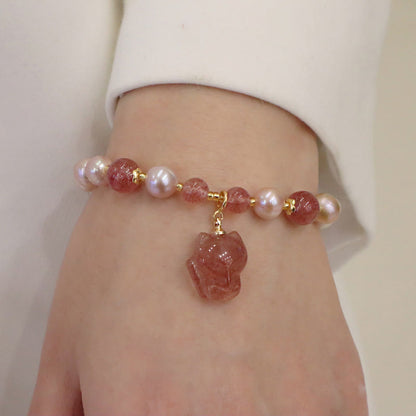 Mythstone Natural Pearl Strawberry Quartz Cute Fox Love Healing Charm Bracelet