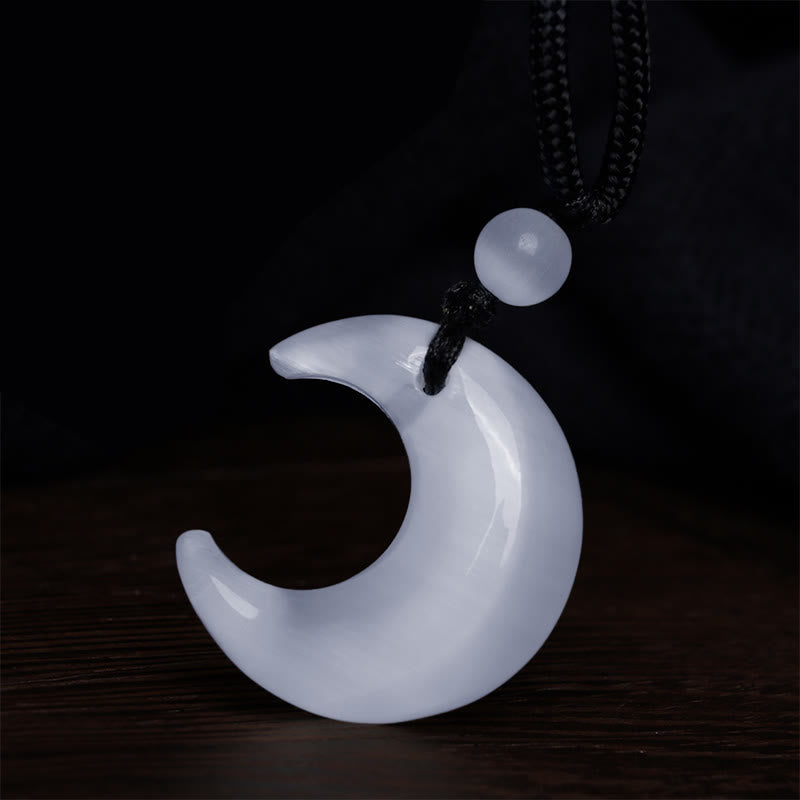 Mythstone Natural Silver Sheen Obsidian Selenite Crystal Crescent Moon Yin Yang Couple Protection Necklace Pendant