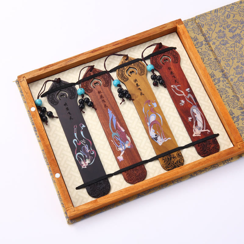 Mythstone 4Pcs Four Seasons Plum Orchid Bamboo Chrysanthemum Peking Opera Mask Wood Bookmarks With Gift Box