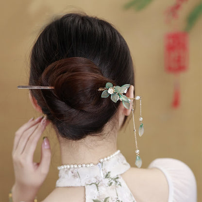 Mythstone Flower Leaf Pearl Peace Tassel Hairpin