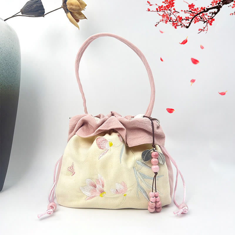 Bolso bandolera de lino y algodón con bordado de loto y magnolia de Mythstone Suzhou