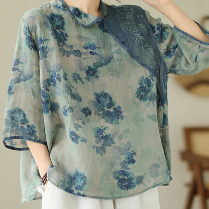 Mythstone Blue Jacaranda Flower Design Three Quarter Sleeve Ramie Linen Shirt