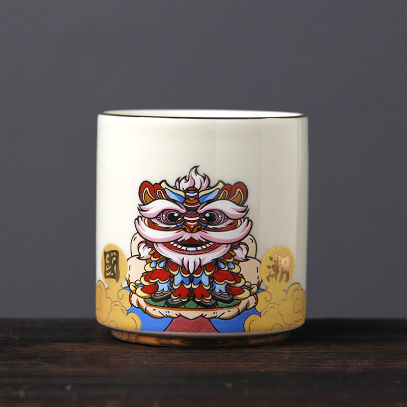 Mythstone Vintage Plum Blossom Pine Bamboo Phoenix Kirin Lion Dancing Ceramic Teacup Tea Cups