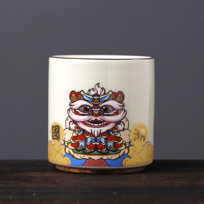 Mythstone Vintage Plum Blossom Pine Bamboo Phoenix Kirin Lion Dancing Ceramic Teacup Tea Cups