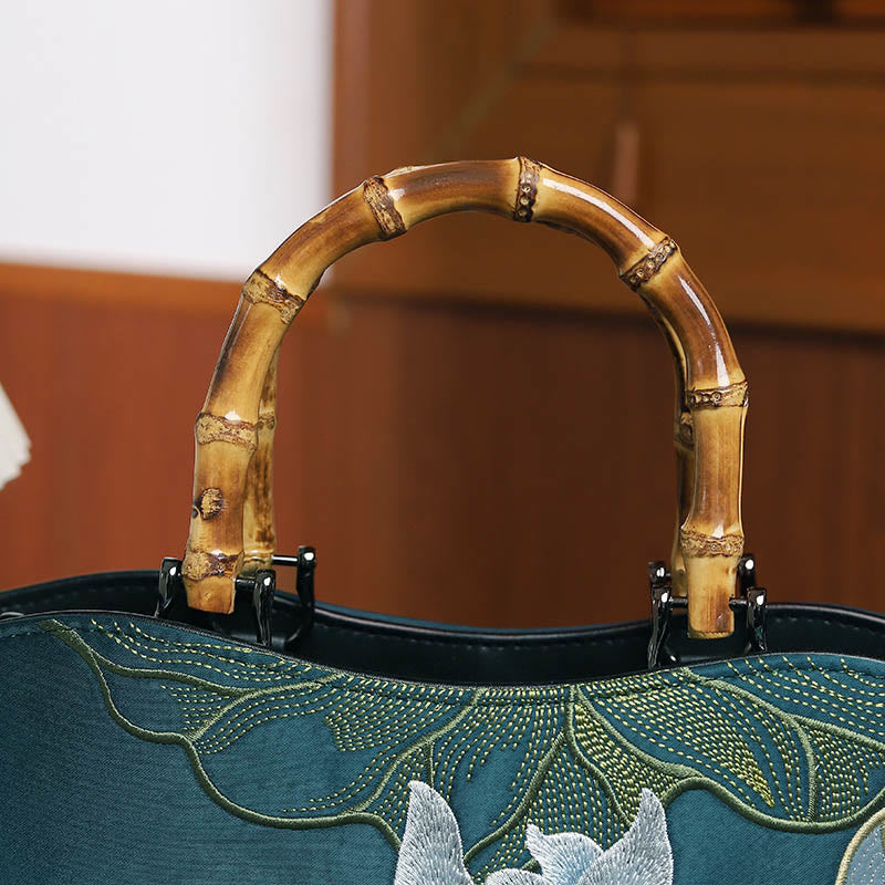 Mythstone Lotus Embroidery Bamboo Handle Handbag