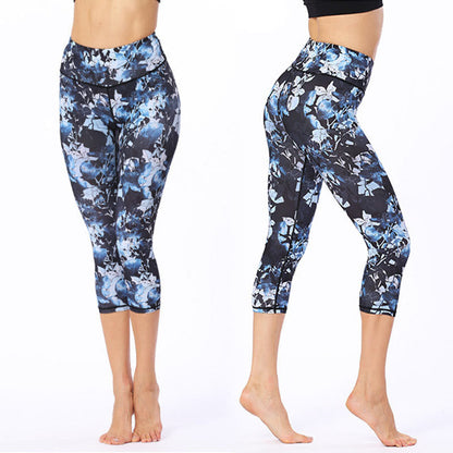 Mythstone Leaves Butterfly Print Sports Yoga Cropped Leggings Women's Yoga Capri Pants