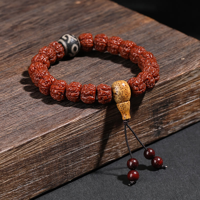 Mythstone Tibet Rudraksha Bodhi Seed Dzi Bead Lucky Cat Dancing Lion Wealth Bracelet Wrist Mala