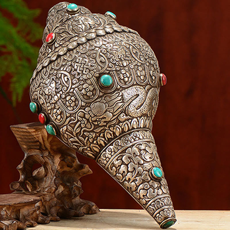 Mythstone Tibetan Handmade Natural Shankha Engraved Eight Auspicious Symbols Conch Shell Lucky Home Decoration