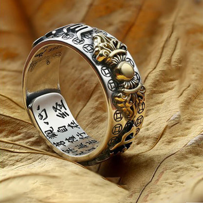 Mythstone Tibetan 990 Sterling Silver Om Mani Padme Hum PiXiu Dorje Vajra Heart Sutra Engraved Wealth Ring