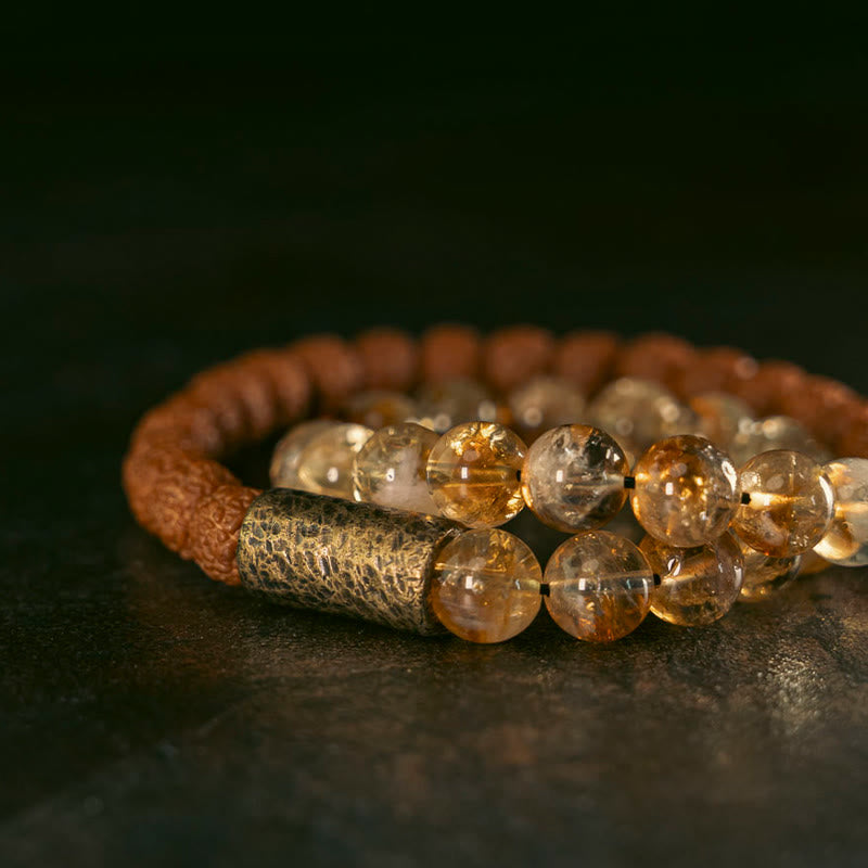 Mythstone Natural Citrine Crystal Rudraksha Bodhi Seed Brass Bead Prosperity Double Wrap Bracelet