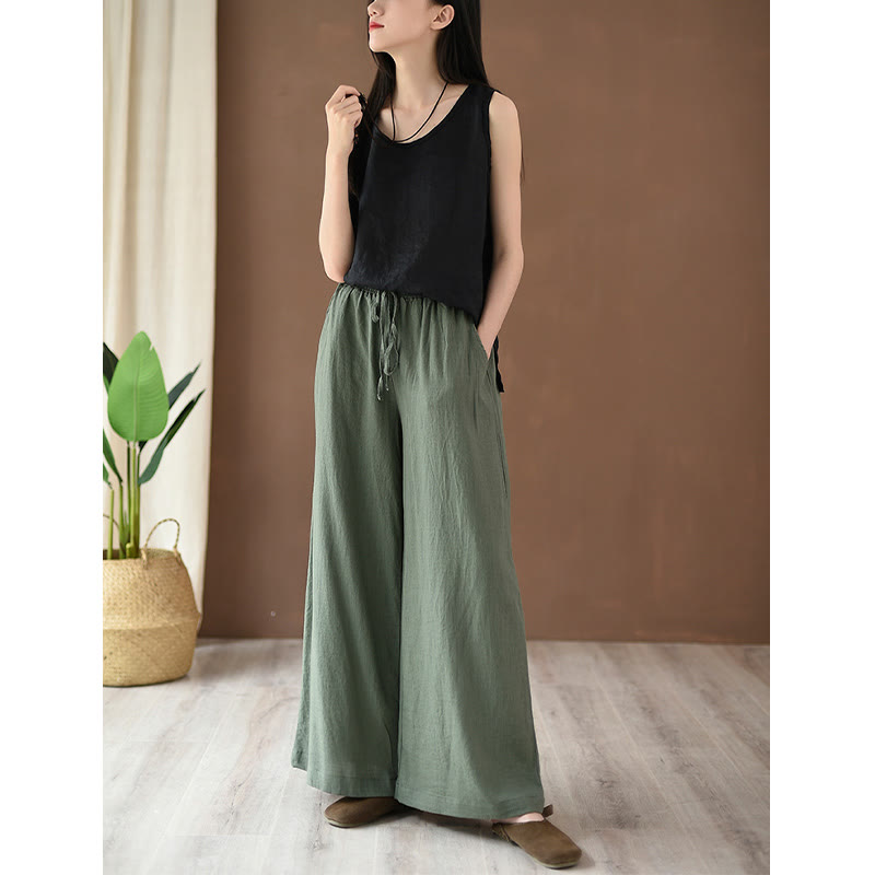 Mythstone Loose Cotton Linen Drawstring Wide Leg Pants With Pockets