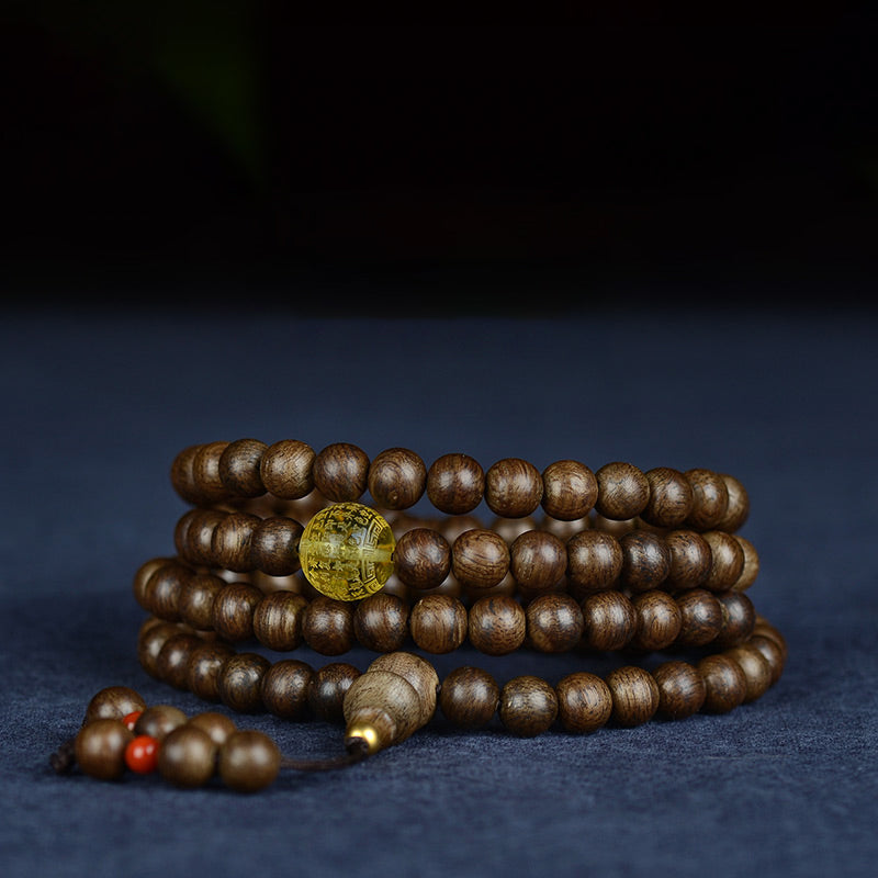 Mythstone 108 Mala Beads 999 Gold Brunei Agarwood Heart Sutra Amber Red Agate Strength Meditation Bracelet