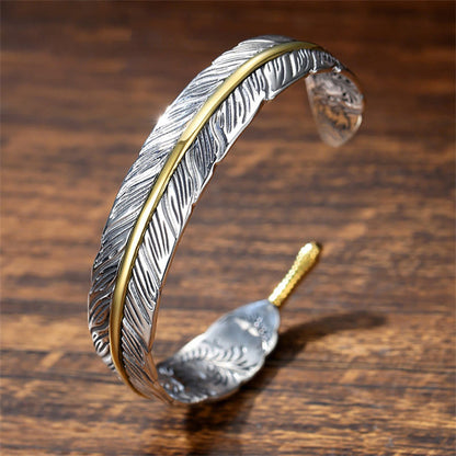 MythStone Feather Pattern Carved Luck Wealth Cuff Bracelet Bangle