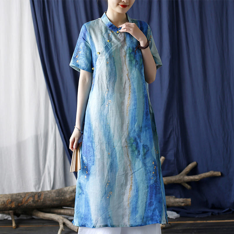 Mythstone Ramie Blue Digital Printing Cheongsam Dresses Short Sleeve Linen Dress