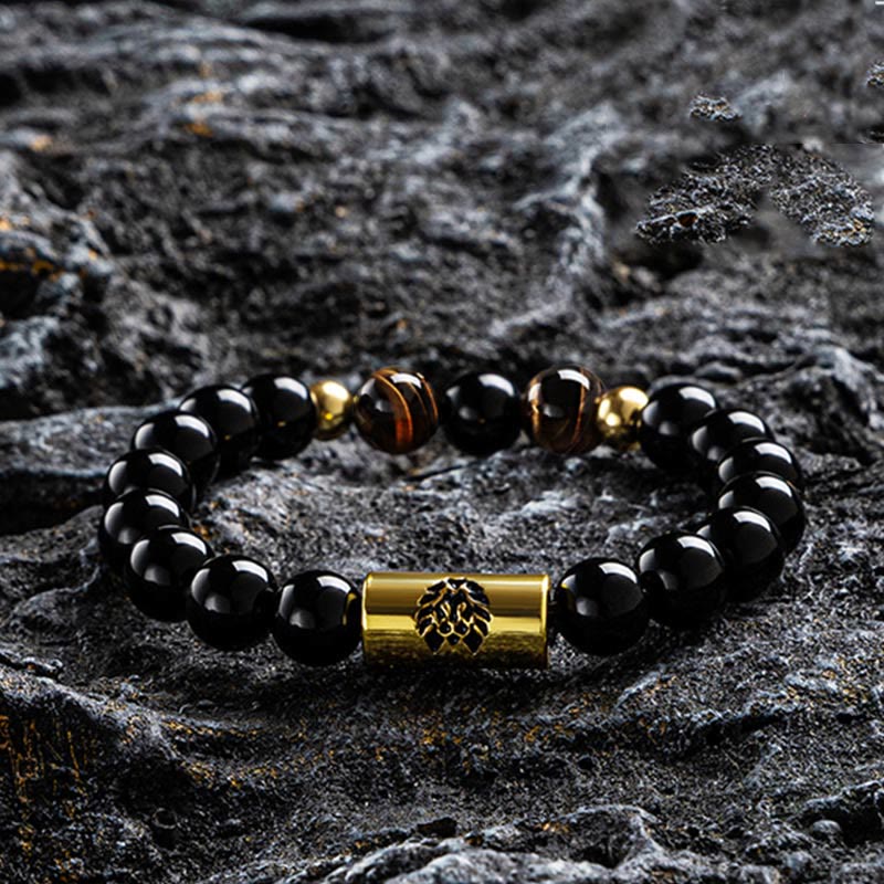 Mythstone Black Onyx Tiger Eye Bead Lion Engraved Protection Bracelet