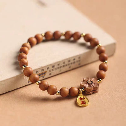 Mythstone Natural Sandalwood Peach Blossom Small Leaf Red Sandalwood Ruyi Charm Protection Bracelet