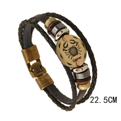 12 Constellations of the Zodiac Hematite Leather Charm Bracelet