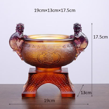 Mythstone Handmade Liuli Crystal PiXiu Treasure Bowl Art Piece Home Decoration