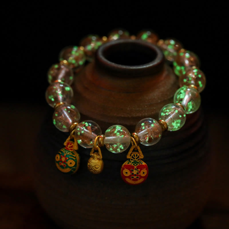 Mythstone Gold Swallowing Beast Family Charm Luminous Fluorescent Liuli Glass Bead Success Bracelet