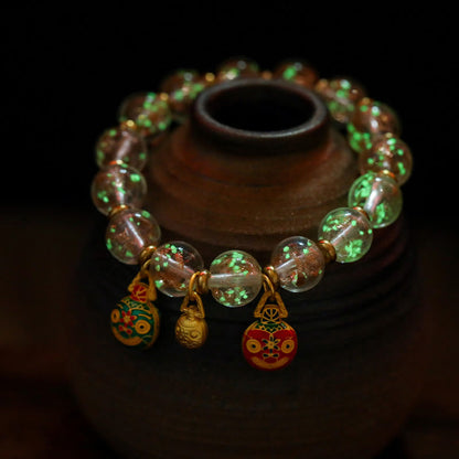 Mythstone Gold Swallowing Beast Family Charm Luminous Fluorescent Liuli Glass Bead Success Bracelet