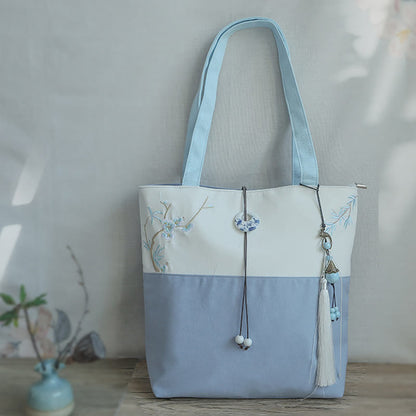 Mythstone Pear Flower Plum Peach Blossom Bamboo Embroidery Canvas Large Capacity Shoulder Bag Tote Bag