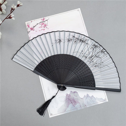 Mythstone Mountains Plum Blossom Lotus Magpie Bamboo Leaves Handheld Silk Bamboo Folding Fan 22.5cm