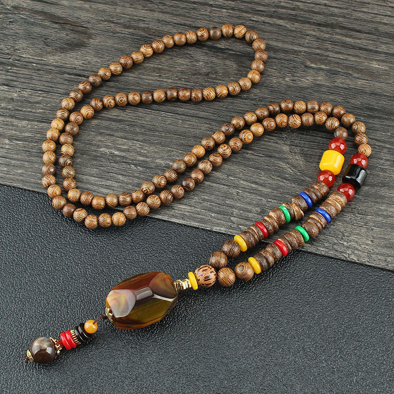 Mythstone Tibetan Wenge Wood Bodhi Seed Agate Balance Peace Necklace Pendant