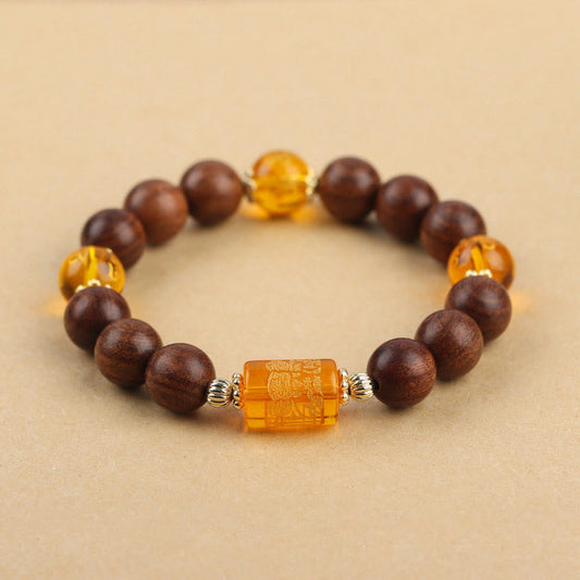 Mythstone Natural Phoebe Zhennan Wood Om Mani Padme Hum God Of Wealth Crystal Protection Bracelet