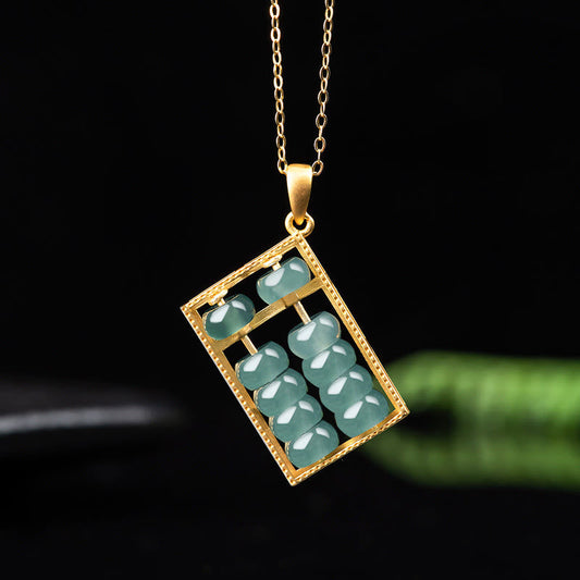 Mythstone 925 Sterling Silver Natural Jade Abacus Pattern Abundance Necklace Pendant