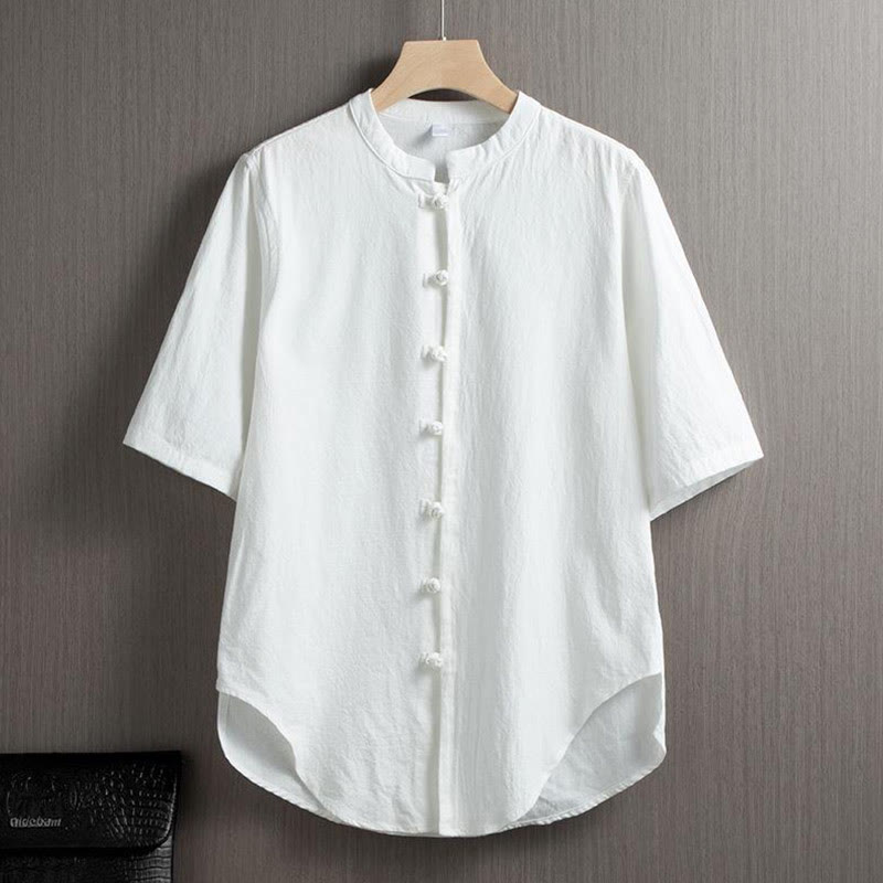 Mythstone Frog-Button Plain Chinese Tang Suit Short Sleeve Shirt Cotton Linen Men Clothing