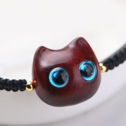 Mythstone Small Leaf Red Sandalwood Ebony Wood Cute Cat Head Calm Protection Braided Bracelet