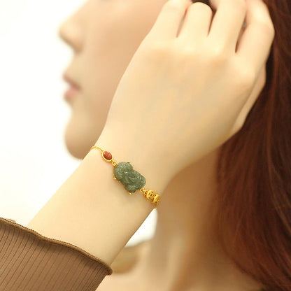 Pulsera de cadena de éxito con moneda de cobre, ágata roja y jade cian de Mythstone PiXiu