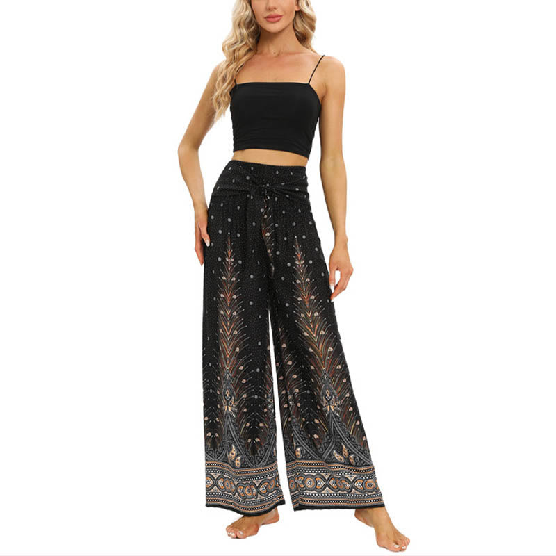 Mythstone Boho Peacock Feathers Lace-up Wide Leg Pants Women's Yoga Pants