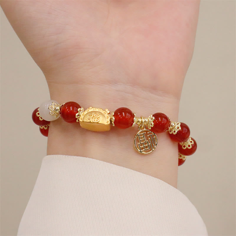 Mythstone Year Of The Dragon Red Agate Strawberry Quartz Black obsidian Jade Garnet Pearl Cinnabar Dumpling Dragon Luck Fu Character Bracelet