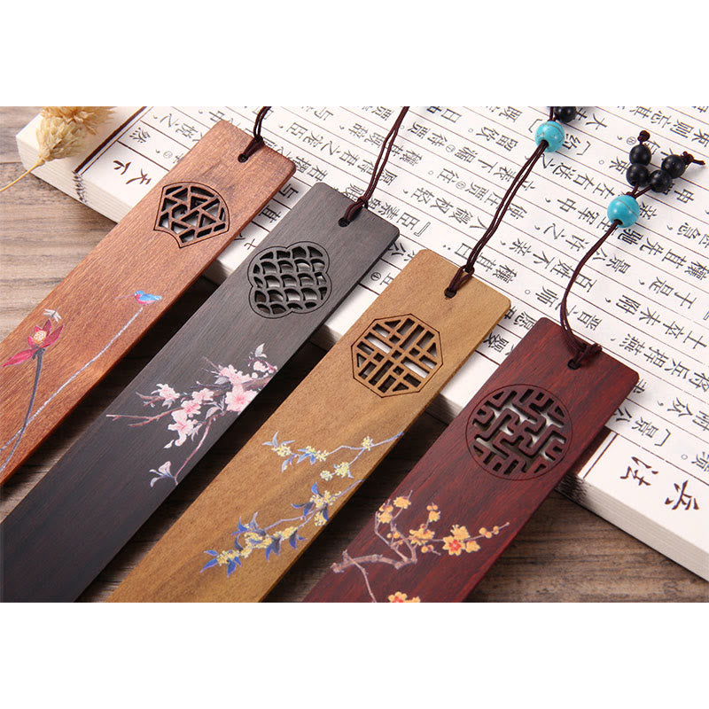 Mythstone 4Pcs Four Seasons Plum Orchid Bamboo Chrysanthemum Peking Opera Mask Wood Bookmarks With Gift Box