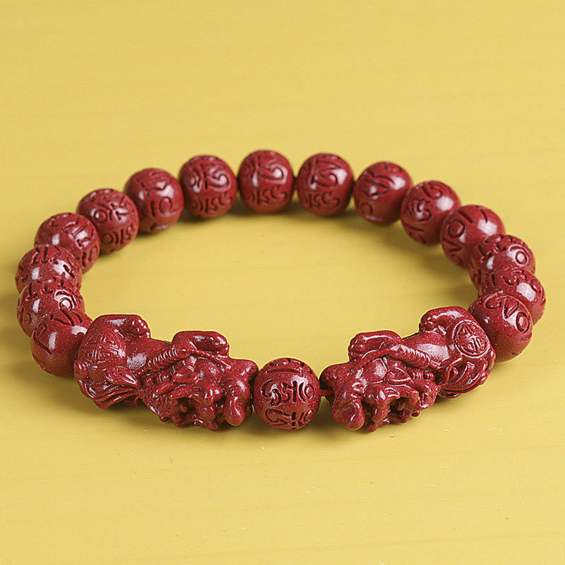 Mythstone Natural Double PiXiu Cinnabar Om Mani Padme Hum Wealth Luck Bead Bracelet