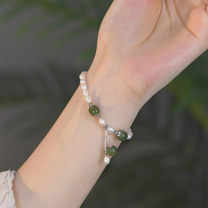 Mythstone 925 Sterling Silver Natural Pearl Hetian Jade Healing Bracelet