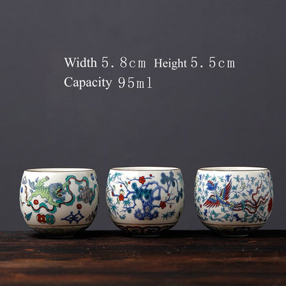 Mythstone Vintage Plum Blossom Pine Bamboo Phoenix Kirin Lion Dancing Ceramic Teacup Tea Cups