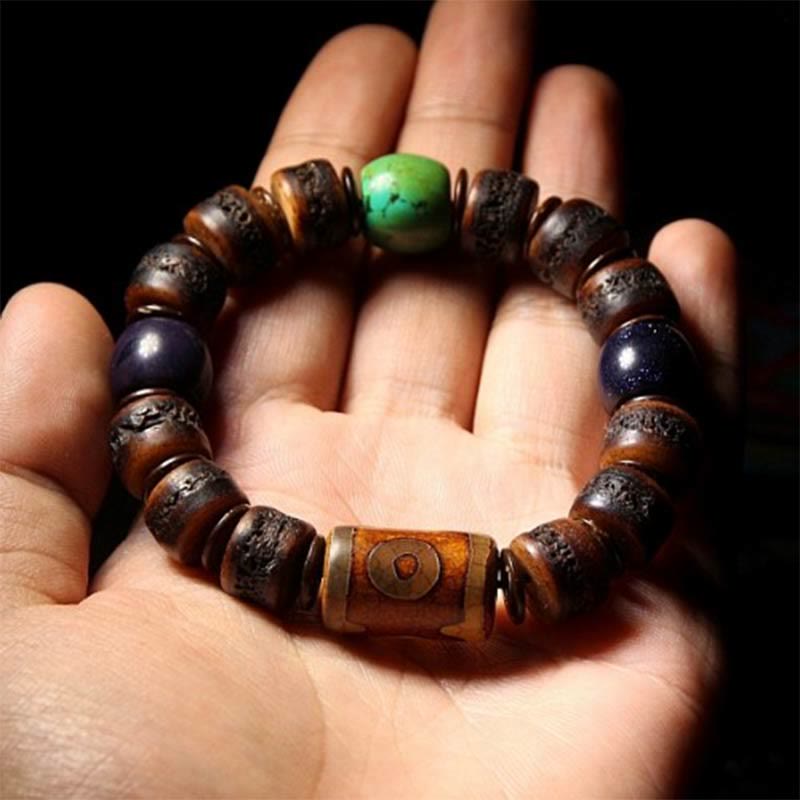 Mythstone Tibetan Yak Bone Dzi Bead Turquoise Keep Away Evil Spirits Bracelet