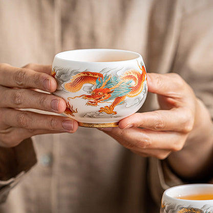 Mythstone Dragon Phoenix Auspicious Clouds Ceramic Teacup Kung Fu Tea Cup With Gift Box