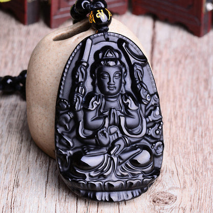 Mythstone Chinese Zodiac Obsidian Buddha Amulet Protection Pendant Necklace