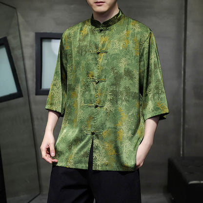 Mythstone Bamboo Leaves Pattern Chinese Half Sleeve Shirt Men T-shirt