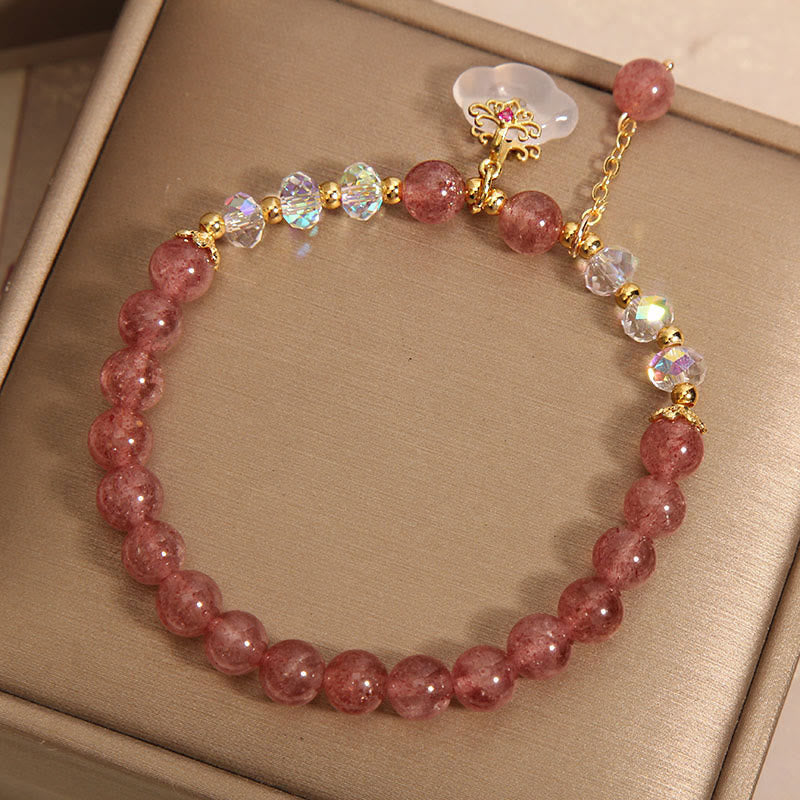 Mythstone Natural Strawberry Quartz Crystal White Agate Auspicious Cloud Healing Bracelet