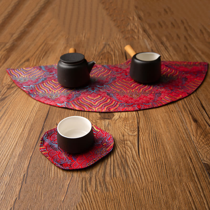 Posavasos para taza de té con bordado de flores de ciruelo y bambú con diseño de olas marinas vintage de Mythstone, tapete para té de kung fu