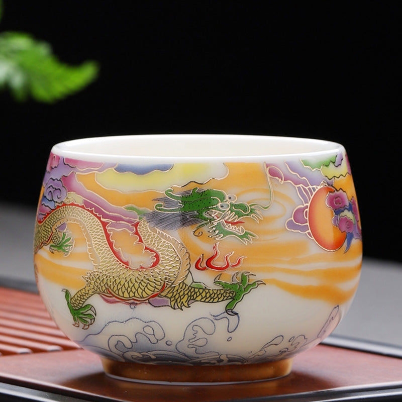 Mythstone Dragon Phoenix Auspicious Clouds Sun Ocean Waves Ceramic Teacup Kung Fu Tea Cup