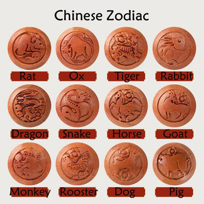 Mythstone Natural Peach Wood Chinese Zodiac Fu Character Carved Cinnabar Wealth Bracelet