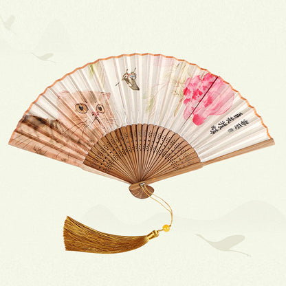 Mythstone Cute Cat Butterfly Flowers Pattern Handheld Silk Bamboo Folding Fan 21cm